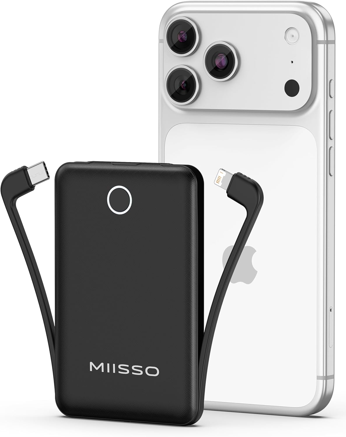 Black Miisso 10000mAh Mini portable charger with its built-in USB-C and Lightning cables pulled out to both sides, standing beside a white iPhone