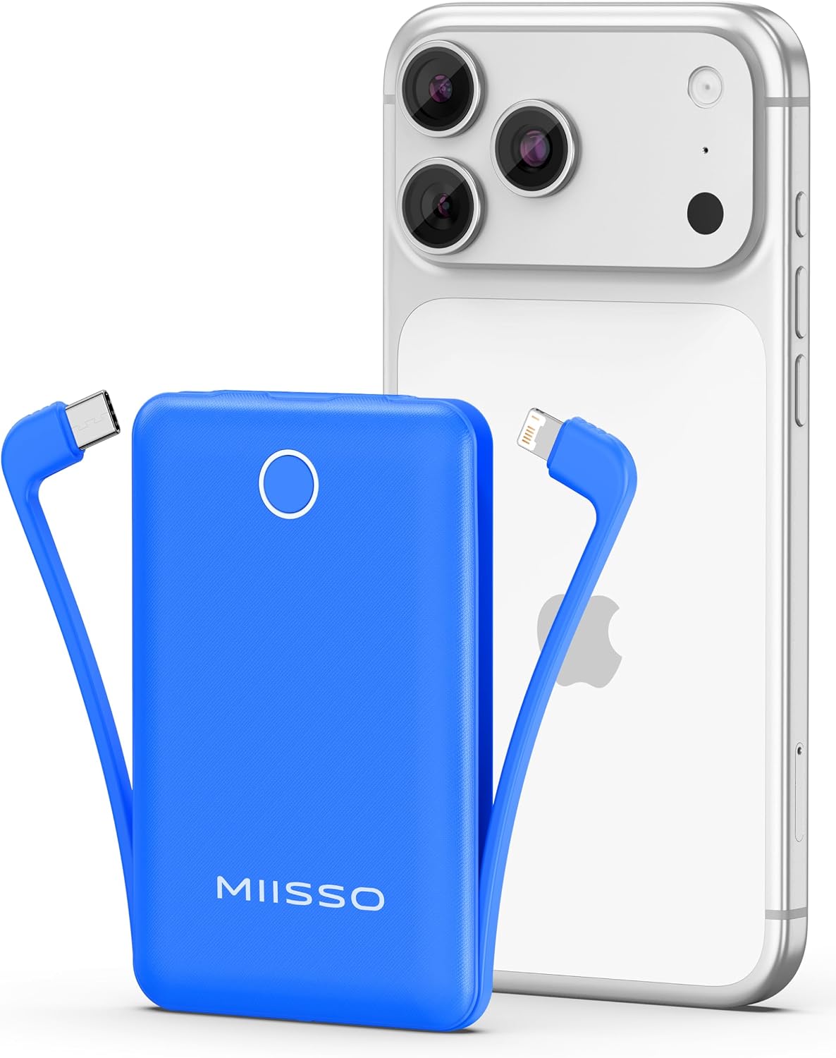 Blue Miisso 10000mAh Mini portable charger with blue built-in cables extended to both sides and a white LED ring around the power button