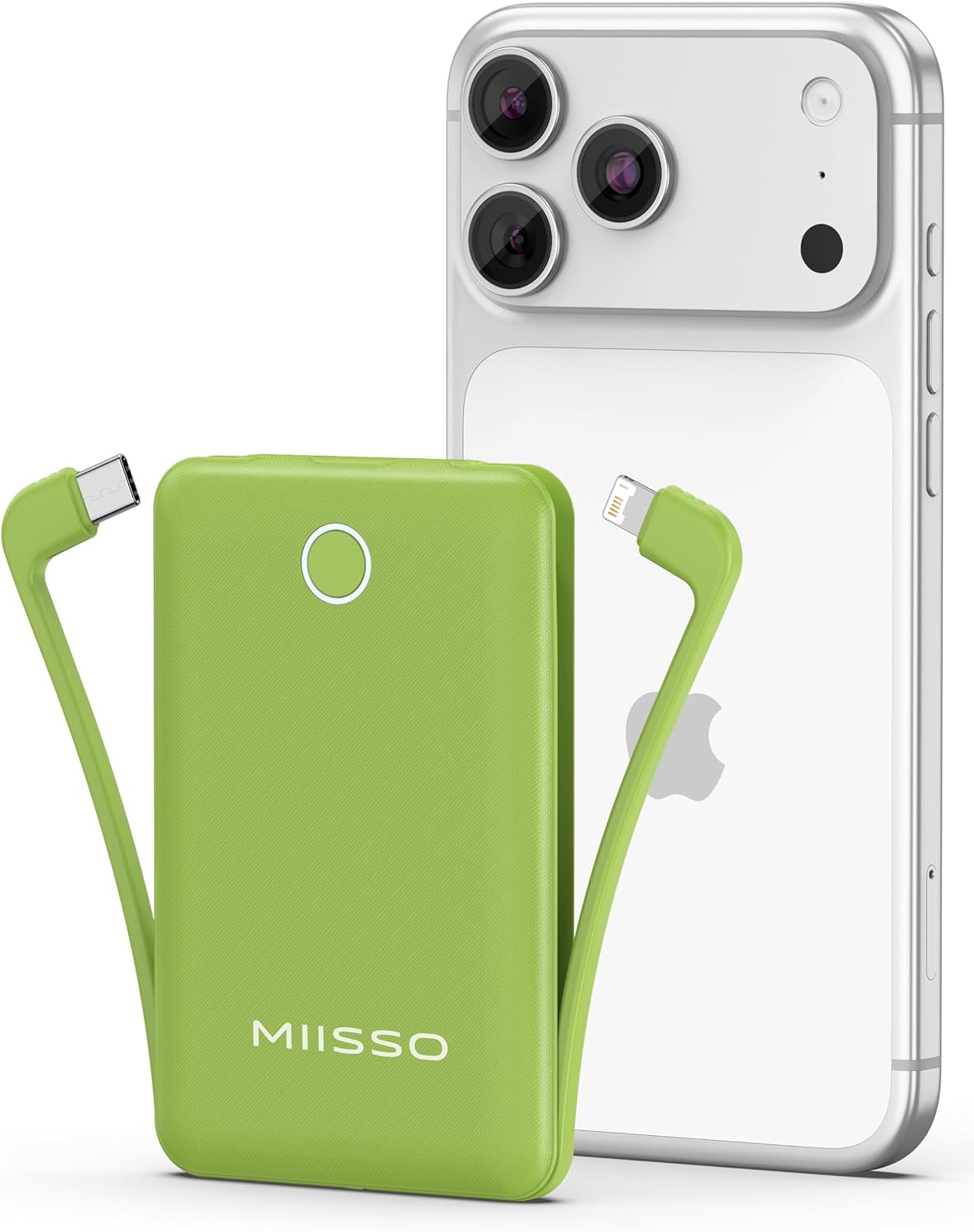Lime green Miisso 10000mAh Mini portable charger with matching built-in USB-C and Lightning cables, shown beside a white iPhone