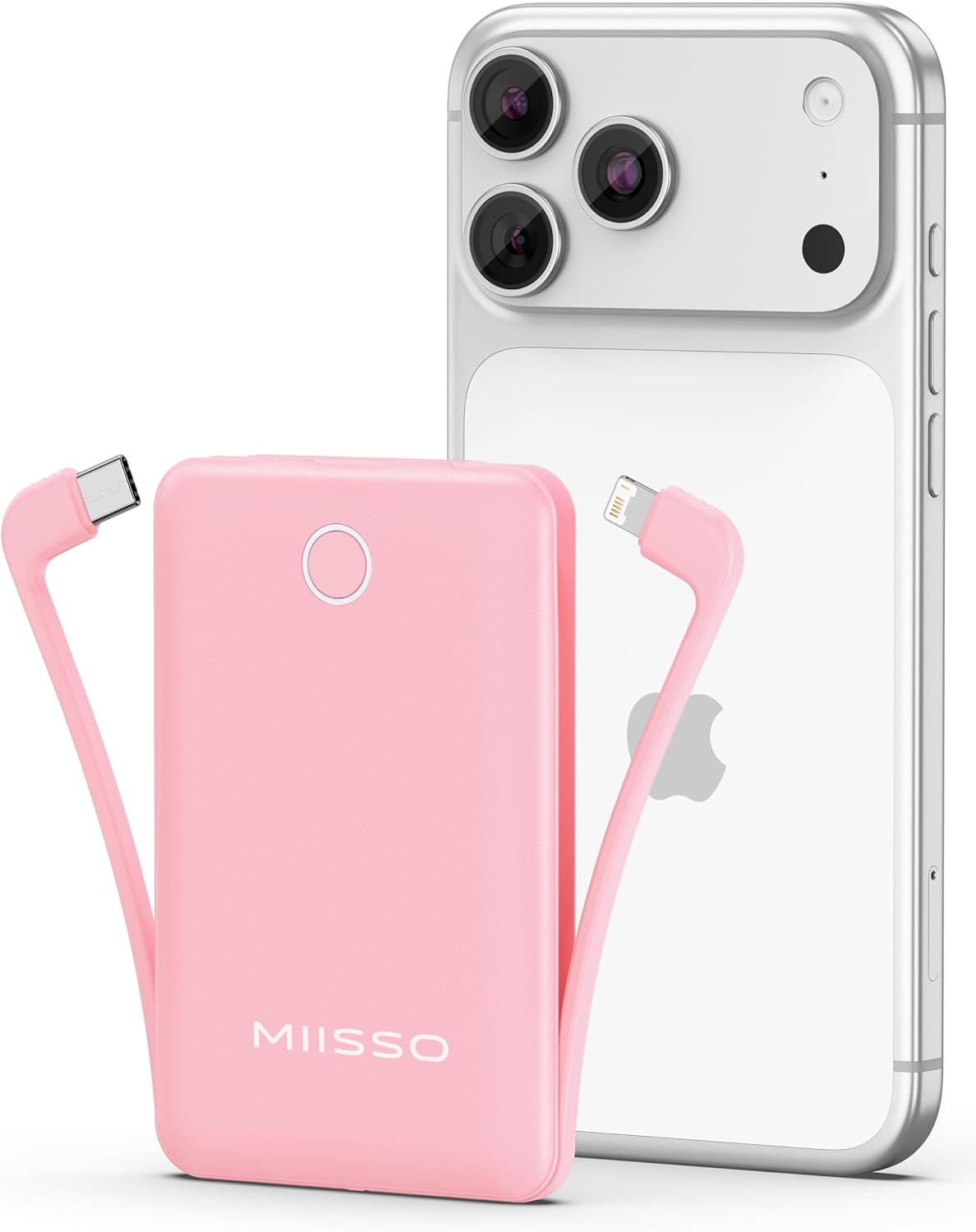 Pink Miisso 10000mAh Mini portable charger with pink built-in cables extended, shown beside a white iPhone