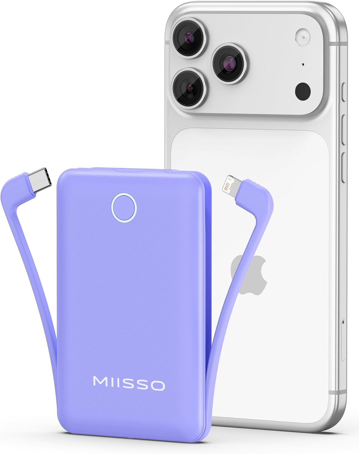 Periwinkle purple Miisso 10000mAh Mini portable charger with matching built-in cables, shown beside a white iPhone