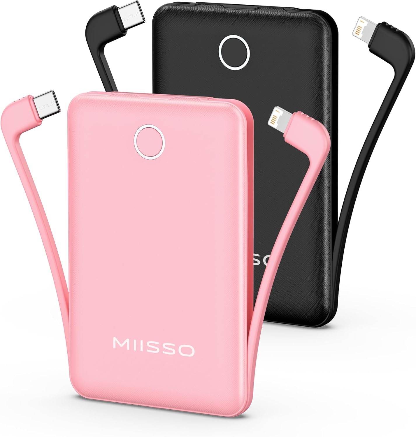 Pink and black Miisso 10000mAh portable chargers overlapping, all four built-in cables extended to show the USB-C and Lightning tips