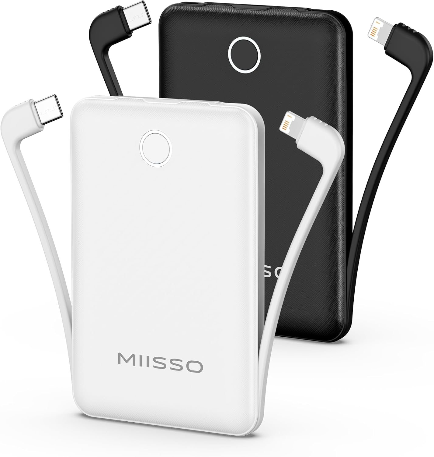 White and black Miisso 10000mAh portable chargers overlapping, each showing a built-in USB-C cable and a built-in Lightning cable