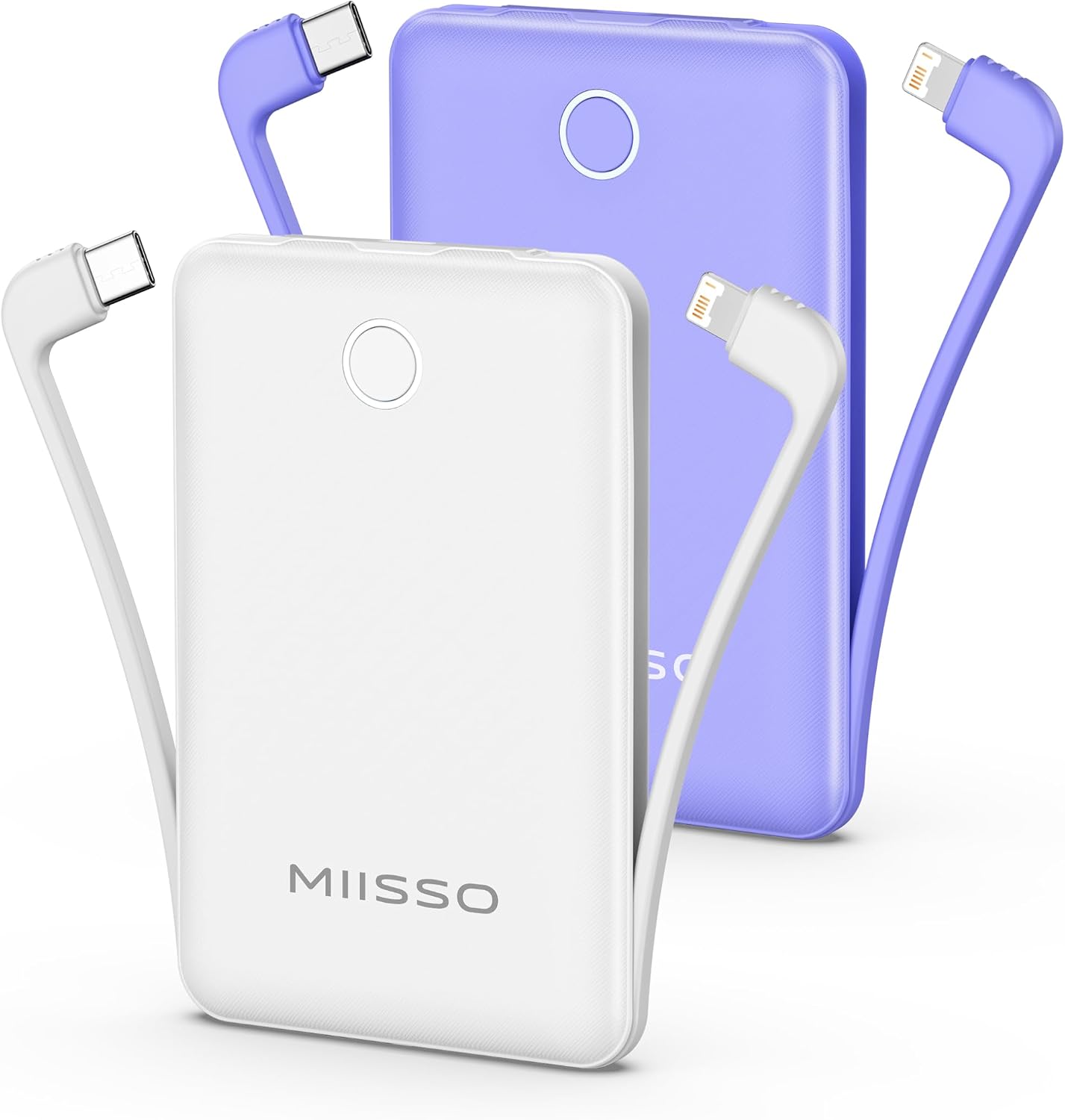 White and purple Miisso 10000mAh portable chargers overlapping, all four built-in cables extended