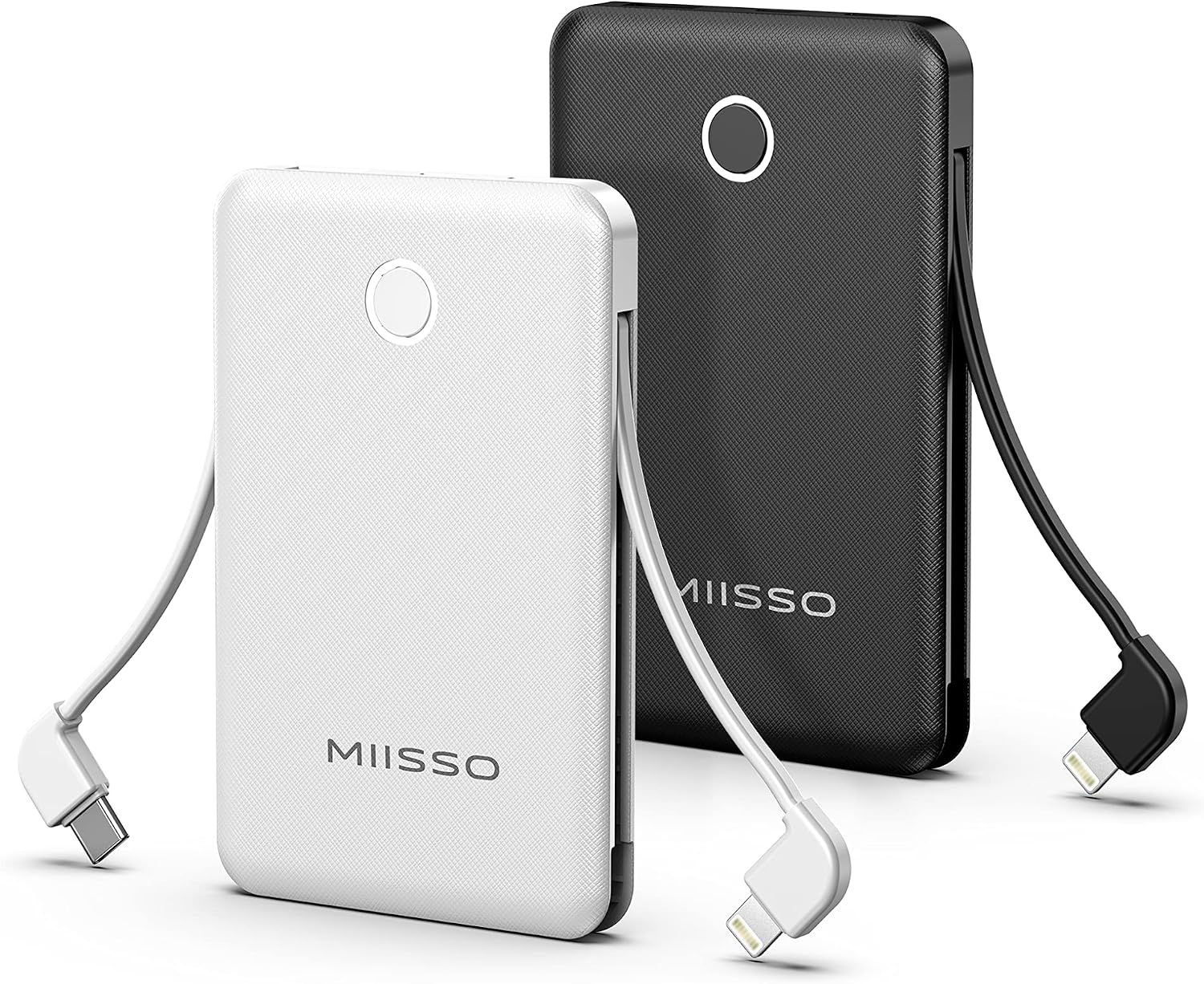 White and black Miisso 6000mAh Ultra Slim power banks side by side, each with a built-in USB-C cable and a built-in Lightning cable extended
