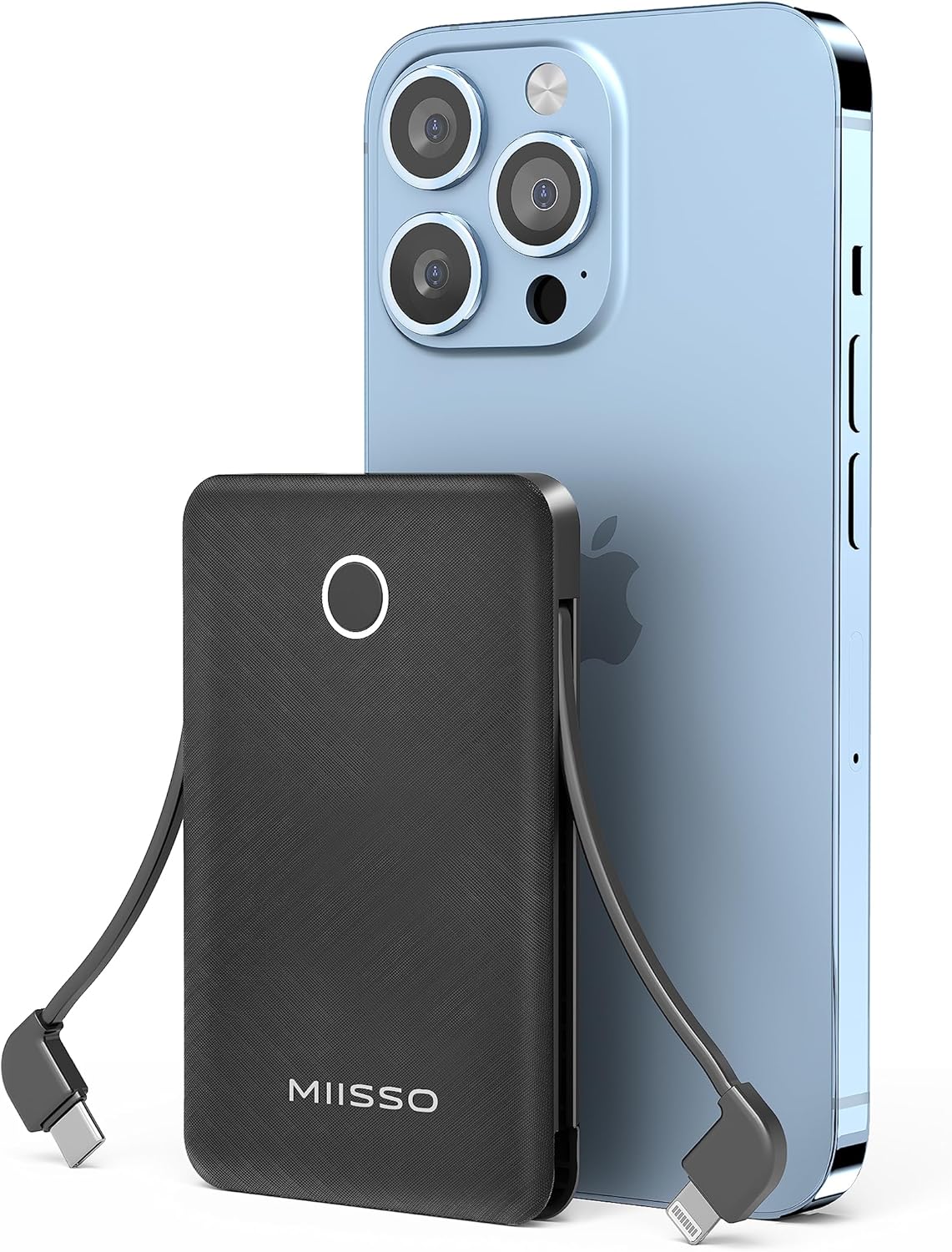Black Miisso 6000mAh Ultra Slim power bank standing in front of a blue iPhone, its built-in USB-C and Lightning cables unwrapped from the edge of the case