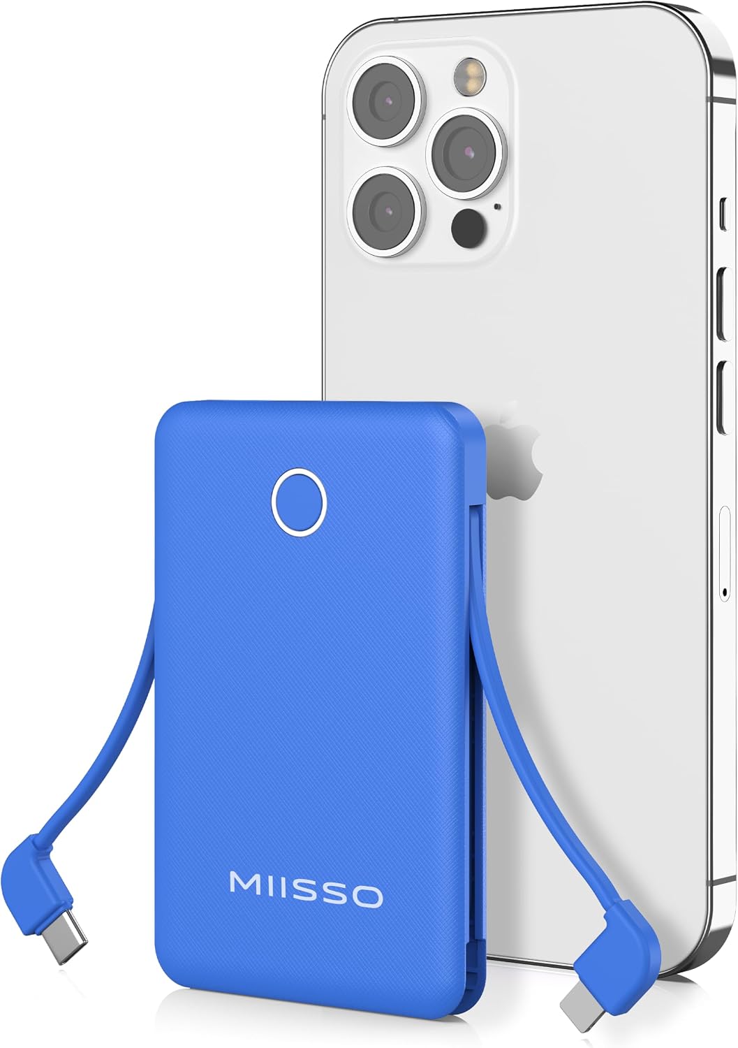 Bright blue Miisso 6000mAh Ultra Slim power bank with matching blue built-in cables, shown next to a white iPhone