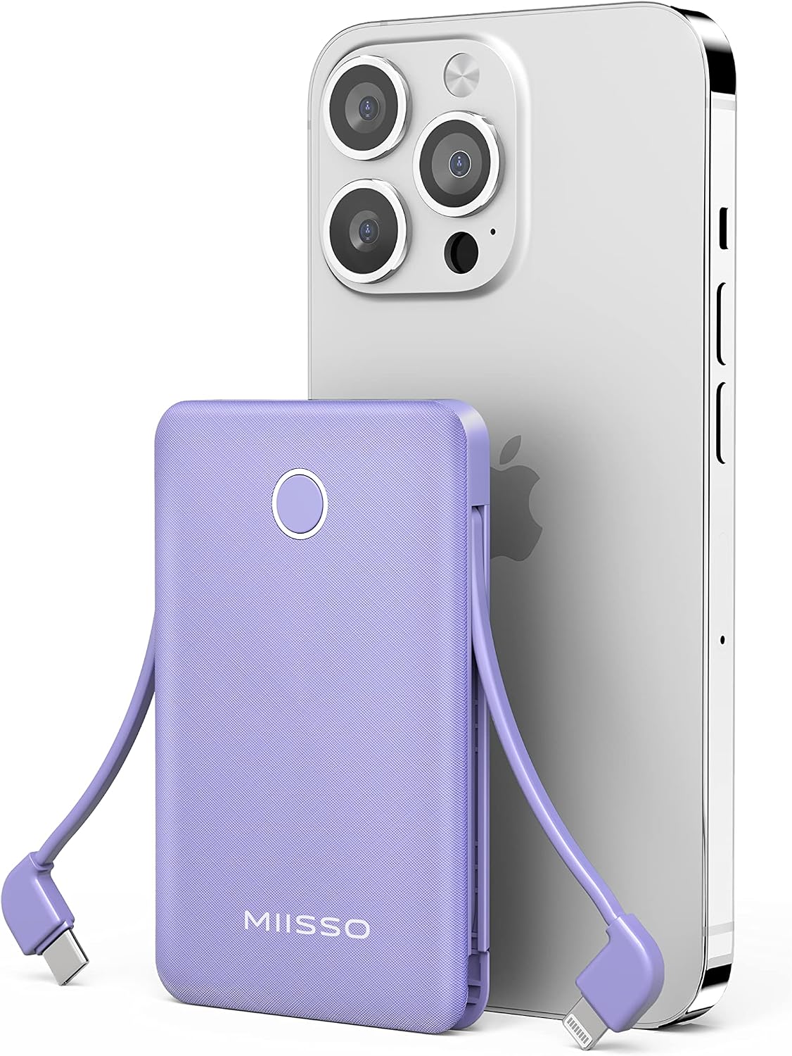 Lavender Miisso 6000mAh Ultra Slim power bank with matching cables wrapped around its edge, shown next to a silver iPhone