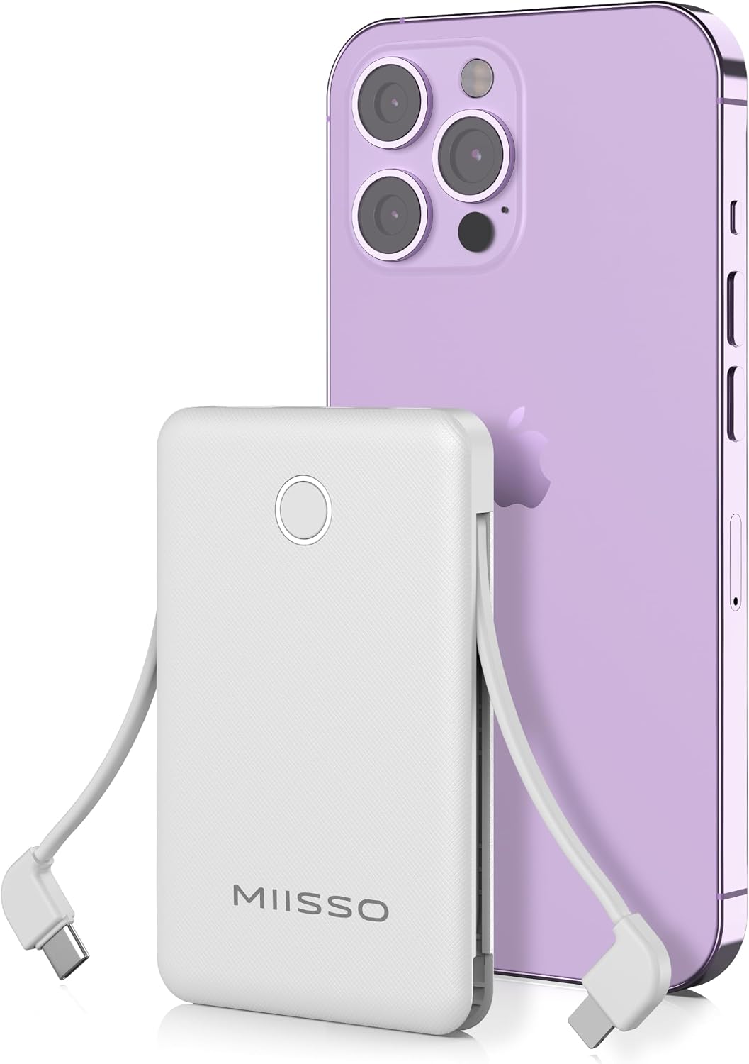 White Miisso 6000mAh Ultra Slim power bank with white built-in cables, shown next to a purple iPhone